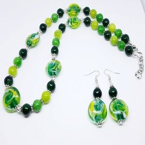Green Swirl Disc Beads/ Jasper Beaded Duo Set